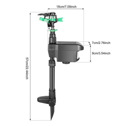 Solar Motion Activated Sprinkler With 270 Degree Adjustable Coverage, Infrared Sensor Deterrent For Gardens And Lawns, dimensions shown.