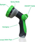 Garden hose spray nozzle with green adjustable dial, on/off switch, and black ribbed grip; hose connection.
