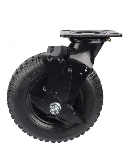 Killer Sturdiness 8 Inch Pneumatic Rubber Wheel Caster With Side Brake, black wheel with sturdy mounting plate for carts and dollies.