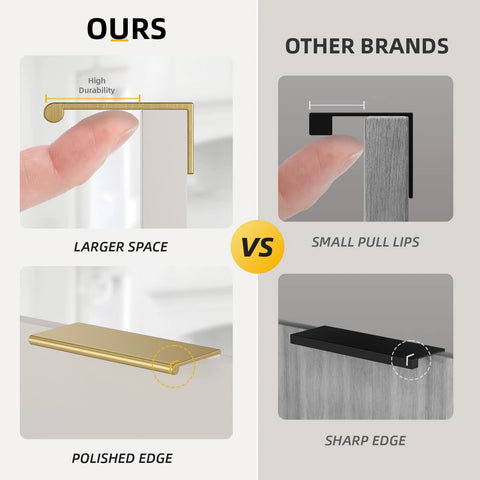 Comparison of Six Pack Adhesive Cabinet Handles In Gold Finish and other brands highlighting design and surface features.
