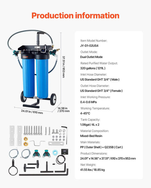 Deionized Water System for Car Wash with Integrated TDS Meter and Dual Outlet Mode, shown with specifications and accessories.