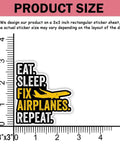 Aircraft Mechanic Sticker Pack Dope 15 Pcs 3x3 Inch Waterproof Vinyl Decals with "Eat Sleep Fix Airplanes Repeat" design.