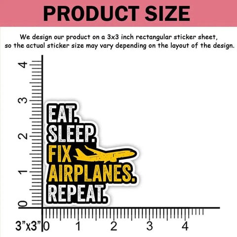 Aircraft Mechanic Sticker Pack Dope 15 Pcs 3x3 Inch Waterproof Vinyl Decals with "Eat Sleep Fix Airplanes Repeat" design.