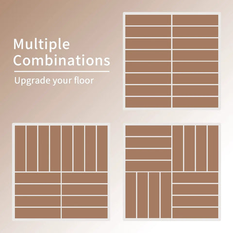 Interlocking Patio Deck Tiles 12x12 Inch Square Composite Plastic Outdoor Flooring For Balcony Porch Backyard All Weather Four Slat Non Slip Tiles Dark Brown Pack Of 27 shown in various layout combinations.