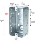Electrical Box 12 Pack 4 By 2 Inch, 13 Cubic Inches, Deep One And Seven Eighths Inch, Galvanized Steel, dimensions and knockouts shown