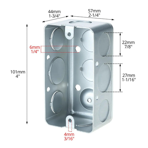 Electrical Box 12 Pack 4 By 2 Inch, 13 Cubic Inches, Deep One And Seven Eighths Inch, Galvanized Steel, dimensions and knockouts shown