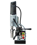 Premium Magnetic Drill Press With Rock Solid 1850 Lb Hold Fast And Killer 14.5 Amp Motor For No Sweat Metal Cutting Up To 2 3 16 Inch Annular Hole Saw Capacity Featuring Oil Lubricated 2 Speed Gearbox For Heavy Construction Jobs side view with control panel.