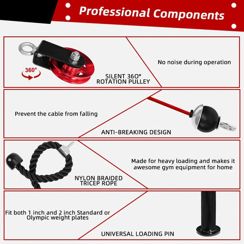 Lat Pulldown Cable System For Home Gym with silent 360-degree rotation pulley and nylon braided tricep rope