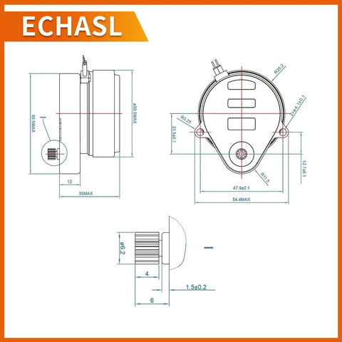Technical drawing of Zone Valve Motor Replacement 802360JA for Honeywell V8043 V8044, showing dimensions and design details.