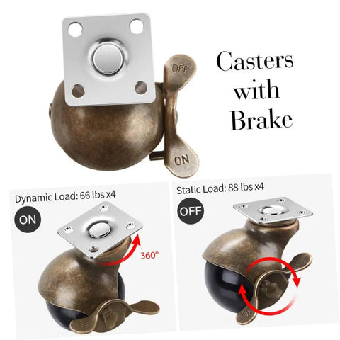 Vintage Brass Plate Swivel Caster Wheels Two Inch Diameter Heavy Duty Four Pack Rolling Casters with brake mechanism.