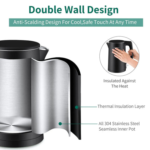 1.7 Liter Electric Kettle With Double Wall Stainless Steel Interior, Fast 1200W Boil, Auto Shut Off, Boil Dry Protection, Black