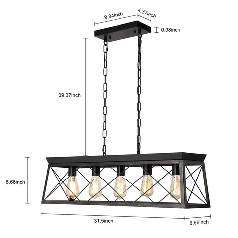 Five Light Dining Room Chandelier In Black And Brush Gold Finish, Dope Modern Linear Ceiling Light for Kitchen Island, dimensions shown