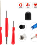 Ultimate Tire Valve Removal Kit With 20 Valve Cores And 10 Caps 4 Way Valve Tool And Core Remover Set, tools and caps display