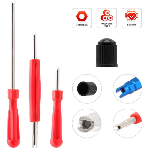 Ultimate Tire Valve Removal Kit With 20 Valve Cores And 10 Caps 4 Way Valve Tool And Core Remover Set, tools and caps display