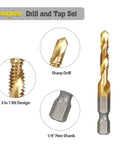 13 Piece Drill Tap Bit Set with Metric and SAE Sizes showing titanium-coated bit with 1/4 inch hex shank and sharp drill tip