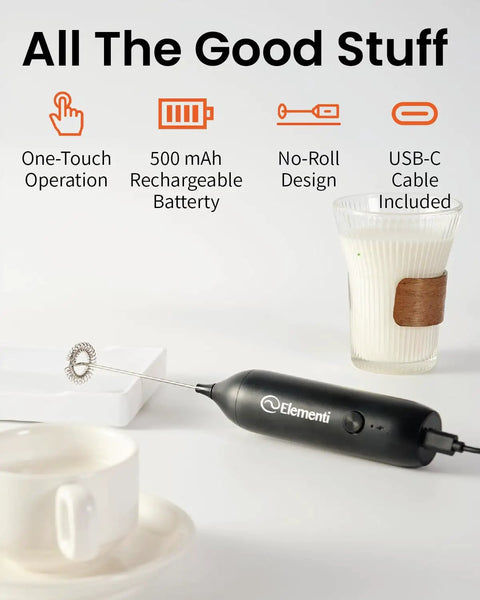 Rechargeable Milk Frother Wand USB-C Handheld Drink Mixer For Home Barista Vibes, black design with 500mAh battery, side view
