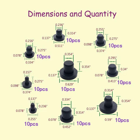 Heavy Duty Silicone Rubber Hole Plugs Set With 9 Sizes T Type Black Caps showing dimensions and quantities for each size
