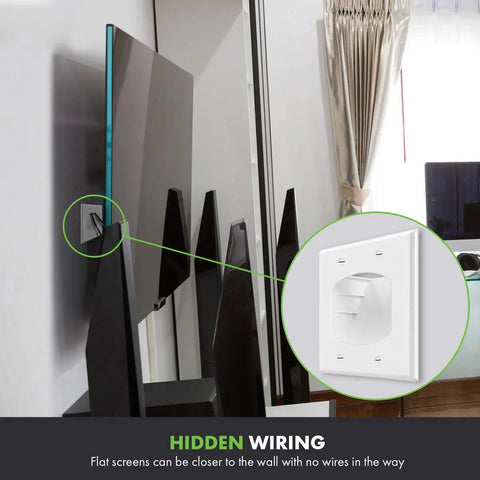 Secure Recessed Low Voltage Cable Wall Plate For Home Theater Setups Pass Through 2 Gang 4.5 By 4.5 Inches with TV setup