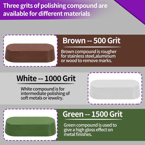 Three grits of polishing compounds in brown, white, and green, part of Polishing Bits and Buffing Wheels Kit for Rotary Tool With 114 Piece Set and One Eighth Inch Shank Includes Three Polishing Compounds Pro Grade for Metal Wood Jewelry Glass Brass and Hard To Reach Areas.