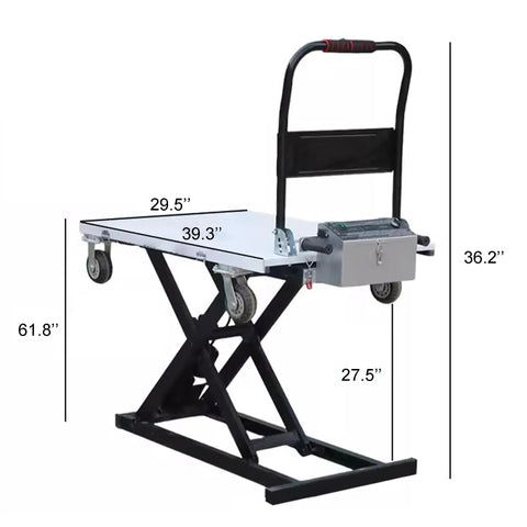 Heavy Duty Electric Hydraulic Lift Table Cart With 660 Lb Capacity And No Sweat Rolling Wheels Featuring Adjustable Sliding Rails And A Grippy Antislip Platform