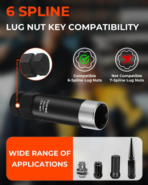 Two Piece Six Spline Lug Nut Socket Set For Quick Install And Easy Removal Of M12x1.25 And M12x1.5 Lug Nuts 41/64 Inch And 45/64 Inch Spline Keys With Dual Reinforced Alloy Collar For Aftermarket Wheels, showing socket and compatibility chart.