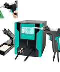Electric Solder Sucker Gun With LCD Desolder Station, 90W Desoldering Tool, Auto Standby And Sleep, Temperature Control 320F-896F, 600mmHg Vacuum, Heavy Duty Pro Grade PCB Repair And Factory Assembly Lines on display with connected vacuum solder gun and control unit