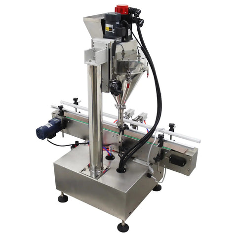 Automatic Desktop Powder Filling Machine Slick Screw Doser With Conveyor For Coffee Sugar Granules Hella Precise Dosage 10 To 200 Grams, stainless steel, compact design.