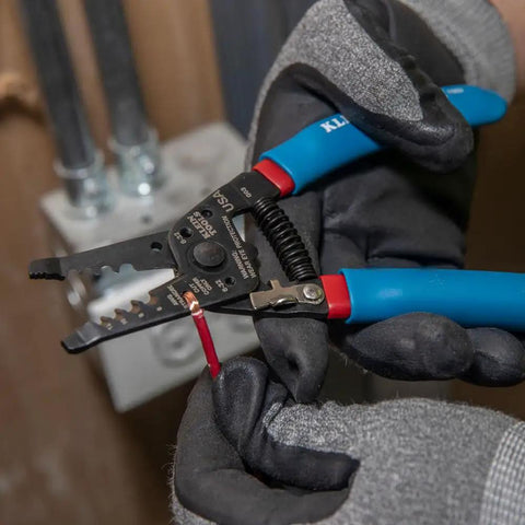 Curve Wire Stripper And Cutter For 6-12 AWG Stranded Wire, 7-1/8 Inch Hand Tool in use stripping wire, made in USA
