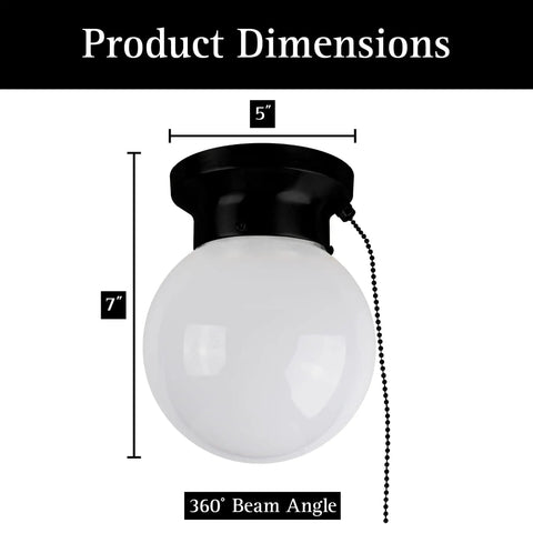 Dimensions of 6 Inch LED Glass Flush Mount Light With Pull Chain Globe Fixture, 500 Lumens, 3000K Soft White, Matte Black