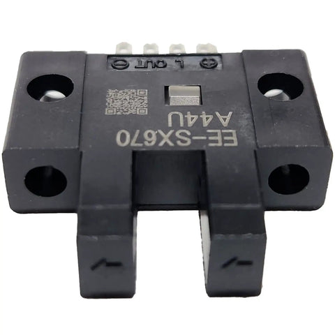 EE-SX670 Photoelectric Sensor Grooved Slot Type for Omron, black, front view, showing NPN output and connector slots.