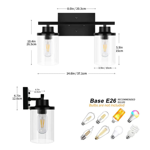 Matte Black Two Light Vanity Light Fixtures With Clear Glass Shades over mirror shown with dimensions and recommended E26 bulbs