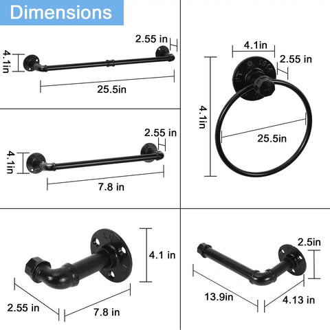 Dimensions of 13 Pieces Industrial Pipe Towel Rack Set Matte Black Bathroom Hardware With Towel Bars Towel Ring Hooks And Paper Holder