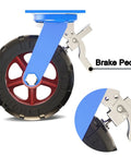 Heavy Duty Industrial Castor Wheels 12 Inch Solid Rubber Puncture Proof 4 Pack Swivel Caster Set 4400 Lb showing brake mechanism and wheel design.
