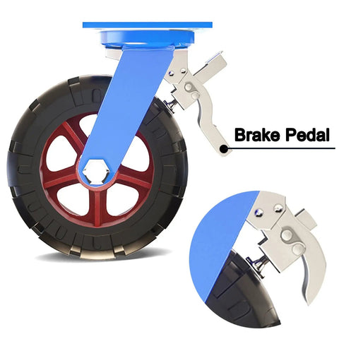 Heavy Duty Industrial Castor Wheels 12 Inch Solid Rubber Puncture Proof 4 Pack Swivel Caster Set 4400 Lb showing brake mechanism and wheel design.
