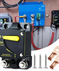 Heavy Duty Circuit Breaker With Manual Reset Switch For 12V And 48V DC Trolling Motors Marine Rv Electronics on display with wiring accessories.