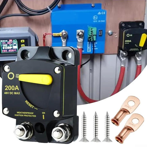 Heavy Duty Circuit Breaker With Manual Reset Switch For 12V And 48V DC Trolling Motors Marine Rv Electronics on display with wiring accessories.