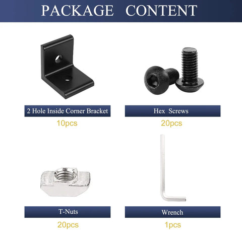 Package content of 10 Piece 2 Hole Inside Corner Bracket Set For 4040 Aluminum Extrusion 10mm Slot 90 Degree L Shape Black Includes 20 M8 T Nuts 20 M8 Hex Screws And 1 Wrench