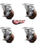 Set of 4 high-temperature swivel casters with brakes, 4-inch glass-filled nylon wheels, SCC logo
