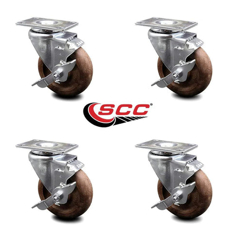 Set of 4 high-temperature swivel casters with brakes, 4-inch glass-filled nylon wheels, SCC logo