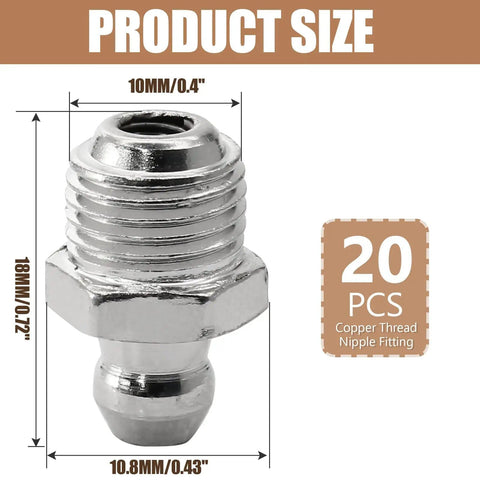 20 Piece M10 Straight Hydraulic Grease Fitting Kit With Zerk Fittings And Nipple Nozzles, product size dimensions shown