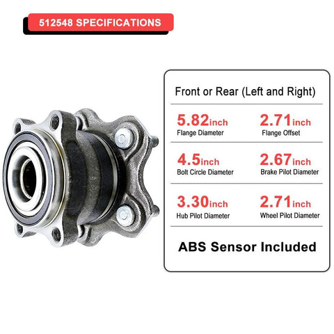 Side view of Beefy Low Runout Rear Wheel Bearing Hub Assembly With ABS For 2013 To 2020 Nissan Pathfinder and specifications chart.