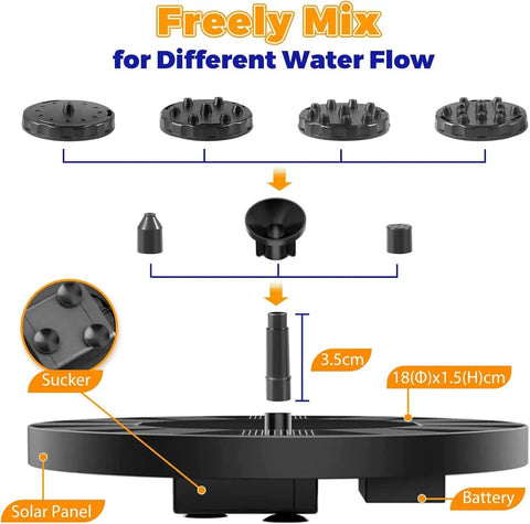 Close-up of Solar Fountain Pump For Bird Bath And Garden Pond Outdoor Use, Upgraded 2.5W Solar Power, 6 Adjustable Nozzles, Floating Stand Water Pump With 1200mAh Battery showing nozzles and dimensions.