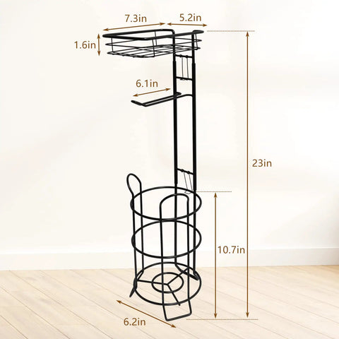 Freestanding Movable Toilet Paper Holder Stand With Raised Base And Top Shelf Holds Three Rolls Plus Phone Or Wipes Space Saver Tissue Dispenser For Bathroom Black Finish showing dimensions.