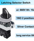 2 Pack 22mm 2 Position Maintained Selector Switch 1NO 10A 440V Latching Rotary Switch With Metal Head For Industrial Control Panels And Machine Control Push Button Style HB2 BD21, black knob and silver housing