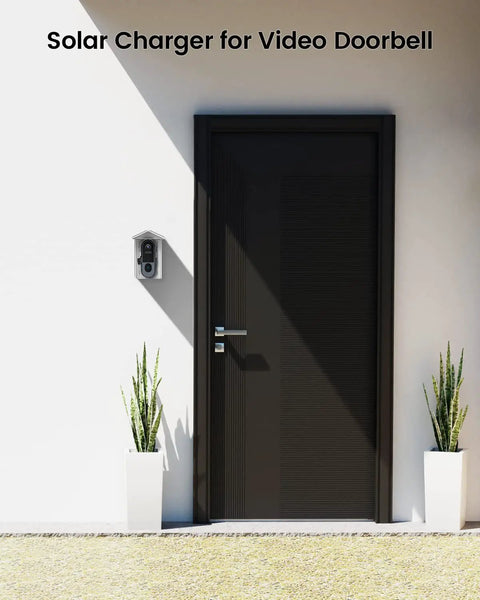 Solar Charger For Video Doorbells And Cameras Keeps Your Doorbell Charged With Solar Power Waterproof Universal Micro USB And Type C Compatibility Works With 2nd Gen Video Doorbell And All Battery Powered Cameras mounted on a modern house wall.