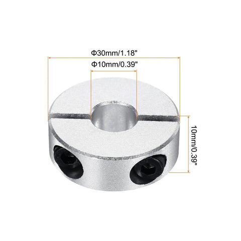 Aluminum Double Split Shaft Collar Set With Ten Millimeter Bore And Three Eighths Inch Bore Clamp Collar With Set Screws Four Pack for shafts