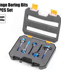 Badass Hex Shank Forstner Drill Bit Set With Carbide Tips And Adjustable Depth Ring for wood boring in a protective case.