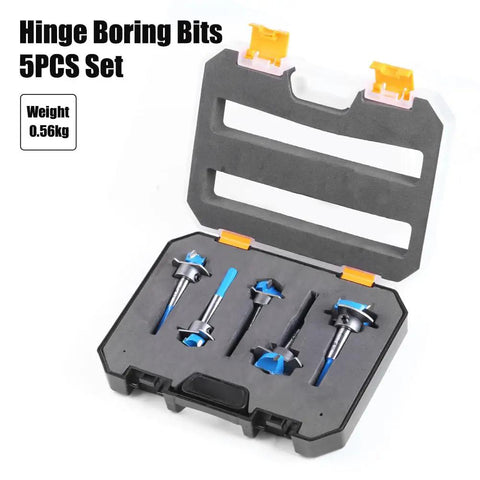 Badass Hex Shank Forstner Drill Bit Set With Carbide Tips And Adjustable Depth Ring for wood boring in a protective case.