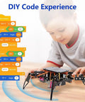 Spider Robot Kit For Kids Ages 8 To 12, STEM Coding Crawling Robot Toy, Hands On DIY Tech Gift For Birthdays, Beginner Friendly Coding Lessons, 8 Step Projects, Creative Science Gift For Boys And Girls; child uses code blocks with spider robot