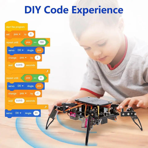 Spider Robot Kit For Kids Ages 8 To 12, STEM Coding Crawling Robot Toy, Hands On DIY Tech Gift For Birthdays, Beginner Friendly Coding Lessons, 8 Step Projects, Creative Science Gift For Boys And Girls; child uses code blocks with spider robot
